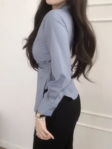 DAZY Solid Asymmetrical Hem Wrap Placket Shirt - Blue - View 2