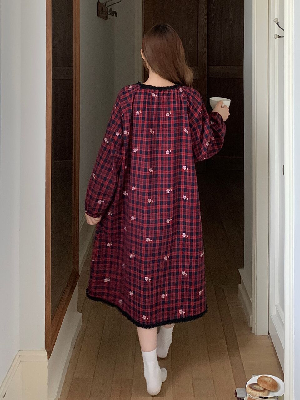 Contrast Lace Trim Floral & Plaid Print Tie Front Sleep Dress
