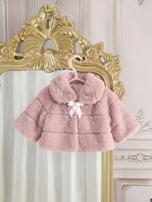 SHEIN 女嬰蝴蝶結前襟彼得潘領泰迪絨外套 - 粉色 - 查看 4
