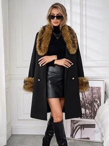 Lavishia Contrast Fuzzy Double Breasted Belted Overcoat - Multicolor - View 6