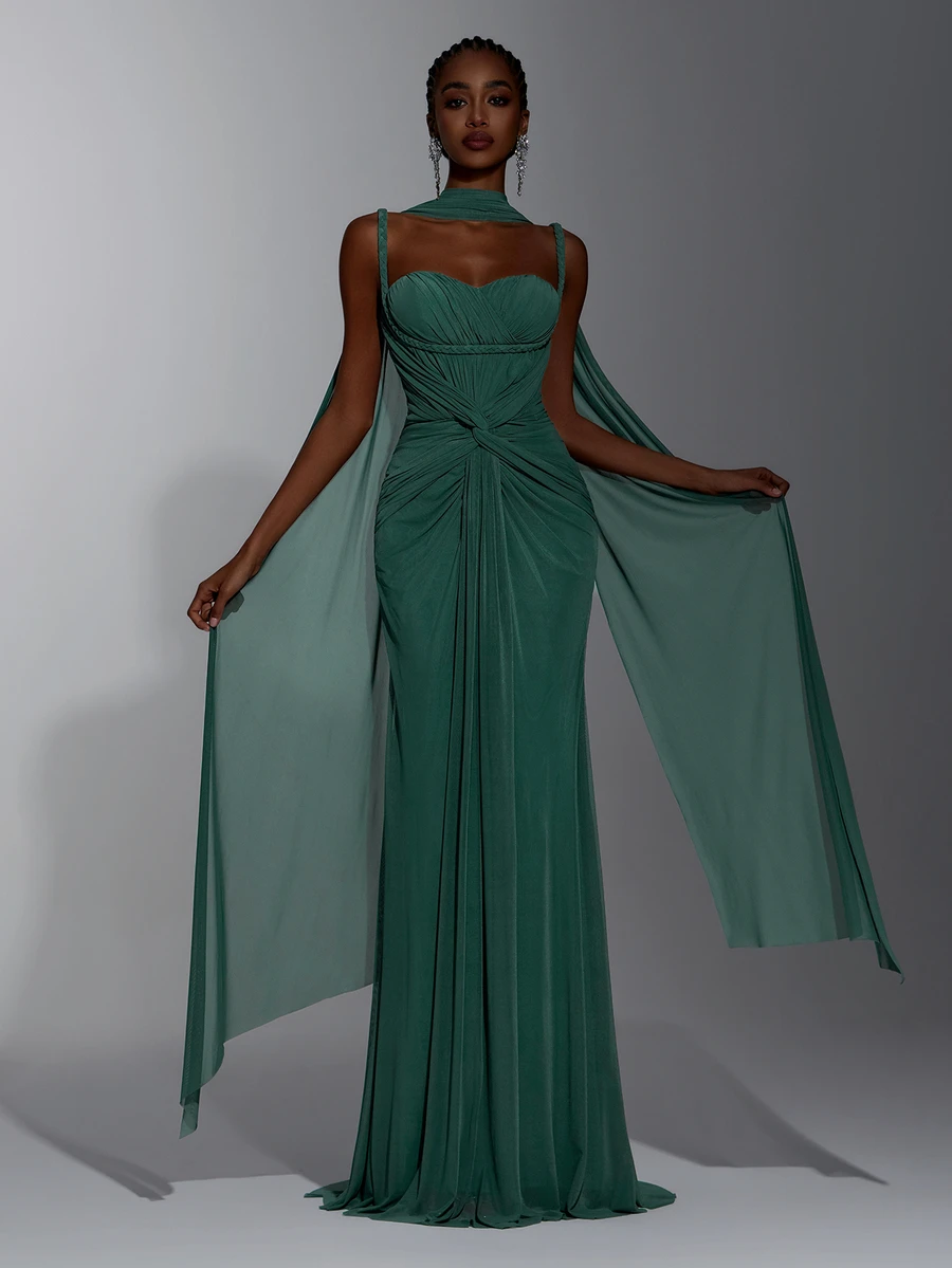 Elitara Twist Front Mesh Formal Dress With Cape - Green - View 1