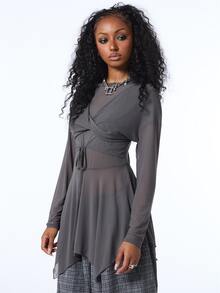 COUREZ Twisted Front Mesh Mini Layering Dress / Y2K Clothes Mini Dresses For Women Cute Tops Grey Top Streatwear Flowy Tops Fall Clothes Winter Outfuts - Dark Grey - View 4
