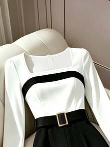 SHEIN Franclia Square Neck Contrast Trim Wide Leg Jumpsuit With Belt - Black - View 3