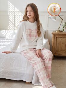 SHEIN Tween Girl Plaid Embroidery Heart Teddy Pullover Top & Pants PJ Set - Pink - View 6