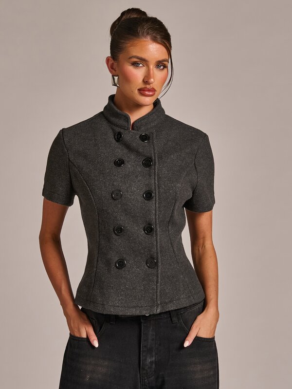 SHEIN BAE Mock Neck Double Breasted Overcoat