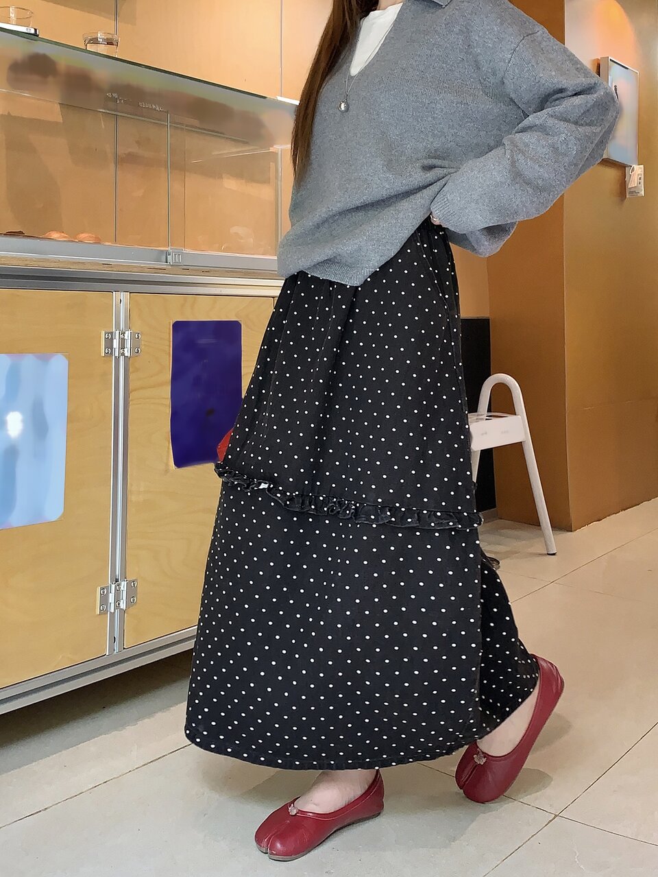 Polka Dot Print Frill Trim Denim Skirt