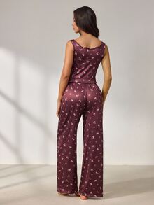 Lowkey Lull Heart Print Lettuce Trim PJ Set Sleep Home Dark Purple Summer Cute Kawaii - Brown - View 3