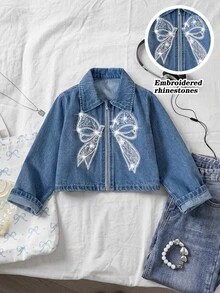 Young Girl Embroidery Mesh Beaded Sequin Bow Pattern Zip Up Denim Jacket - Medium Wash - View 1