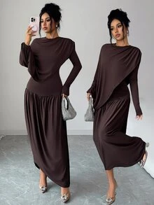 Elenzga 1 pieza Vestido con detalle fruncido sólido - Marrón - Ver 1