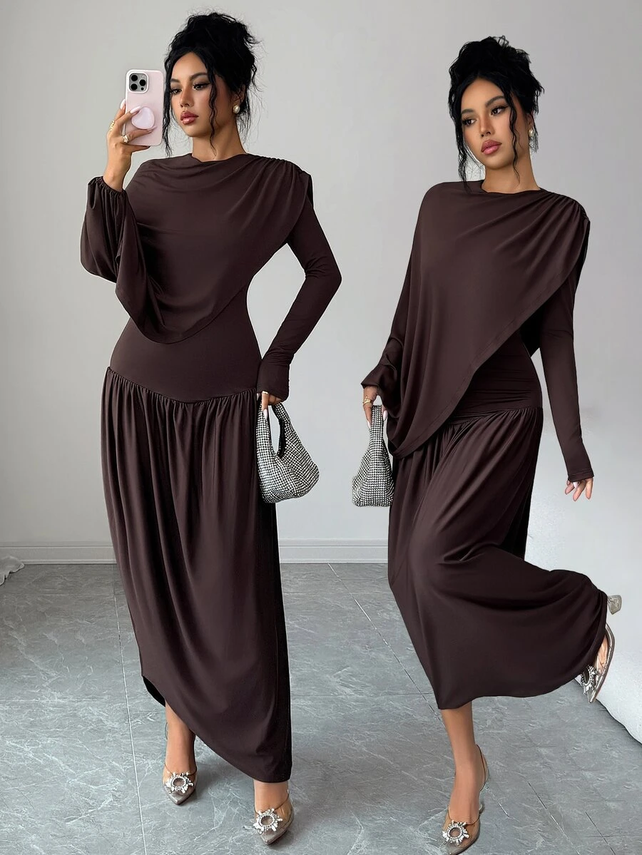 Elenzga 1 pieza Vestido con detalle fruncido sólido - Marrón - Ver 1