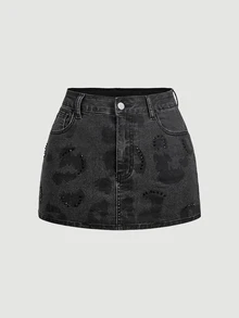 SHEIN MOD Leopard Print Rhinestone Detail Denim Skirt - Black - View 1