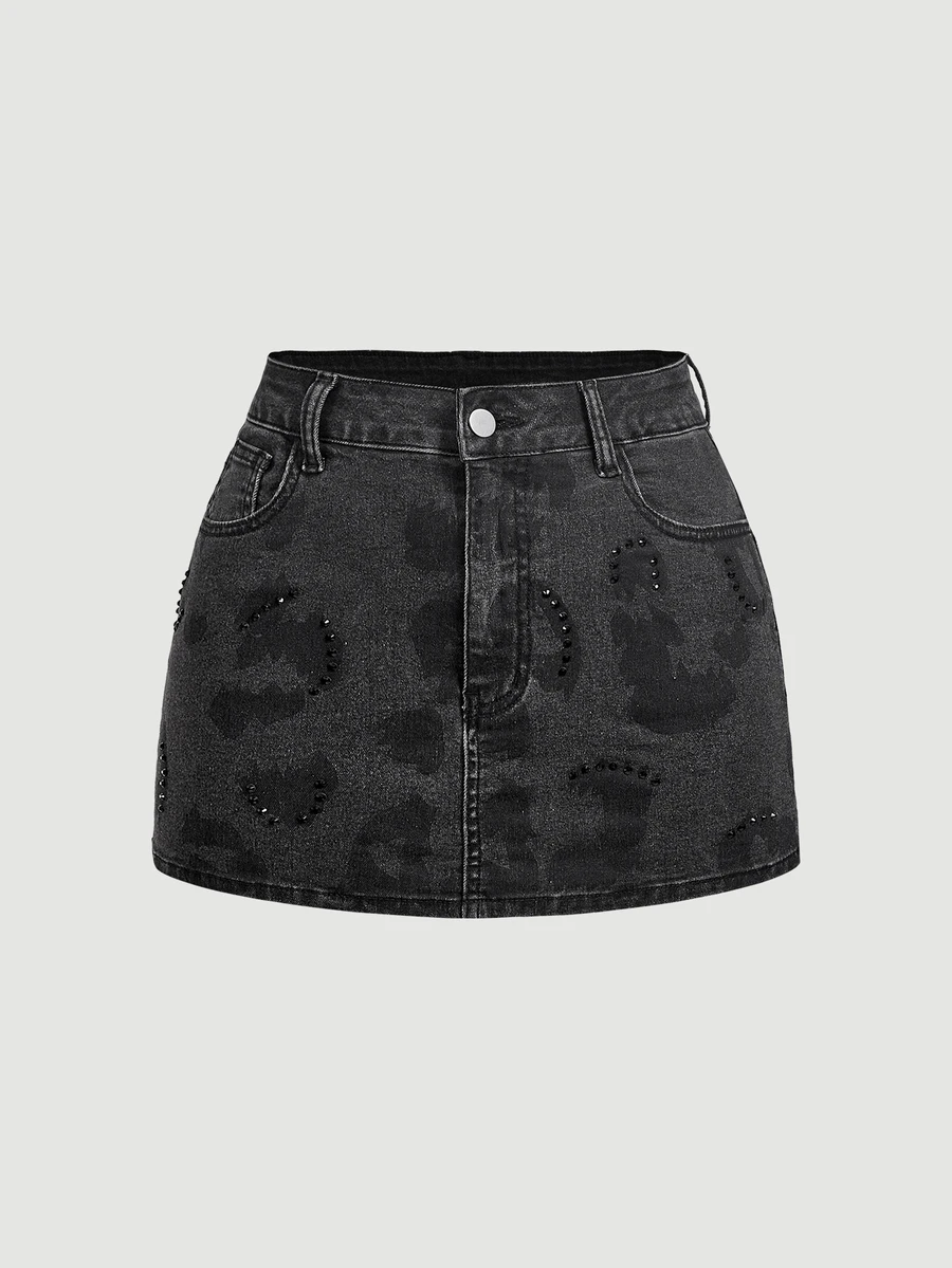SHEIN MOD Leopard Print Rhinestone Detail Denim Skirt - Black - View 1