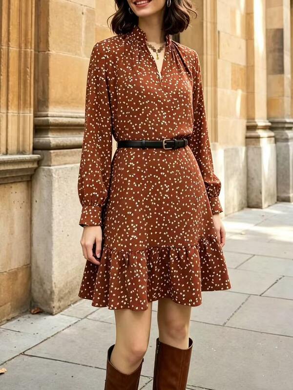 SHEIN Holidaya Polka Dot Print Ruffle Hem Dress
