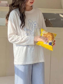 DAZY 青少年女孩動物印花長袖上衣與條紋長褲睡衣套裝 - 藍白色 - 查看 3