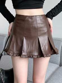DAZY Solid Fold Pleated Frill Hem PU Leather Skirt Fall Y2k - Brown - View 5