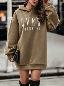 SHEIN Letter Graphic Drop Shoulder Oversize Hooded Sweatshirt Dress - Khaki - View 3
