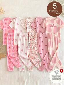 Tween Girl 1pc Heart & Floral Print Sleep Top & 1pc Sleep Pants - Multicolor - View 2