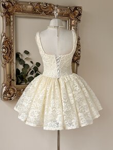 Lovelzi Floral Embroidery Lace Bridal Shower Bachelorette Wedding Dress All White Fall Elegant - White - View 3