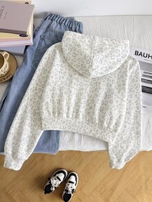 SHEIN 青少年女孩豹紋字母圖案袋鼠口袋拉鍊連帽衛衣 - 彩色 - 查看 2