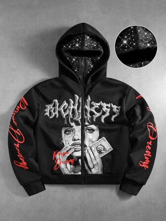 Street Life Herren Sweatshirt Hoodie mit funkelnder Diamant-Dekoration, Charakter-Muster, Balaclava-Kapuze, doppellagig und locker geschnitten
