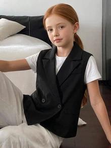 DAZY Tween Girl 1pc Solid Lapel Neck Vest Jacket Fall - Black - View 5