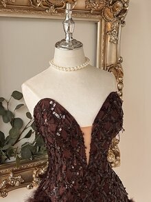 Lovelzi Elegant Coffee Brown Sequin Embroidered Feather Fringe Strapless Sweetheart Corset A Line Short Mini Prom Homecoming Cocktail Formal Evening Dress - Coffee Brown - View 4