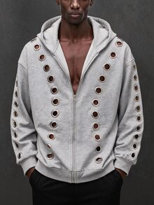 ROMWE MEN Men Zip-Up Hoodies - Grey - View 8