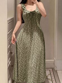 DAZY Ditsy Floral Ruffle Trim Drawstring Front Sleep Dress - Green - View 6
