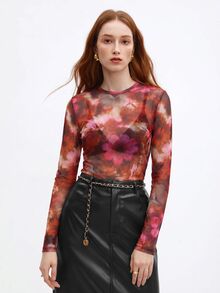 BizChic Pink Floral Mesh Top Without Bra Night Out Party Autumn Sexy - Orange - View 9