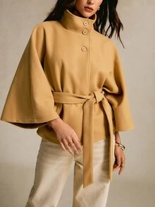 CielaLinda Mock Neck Batwing Sleeve Belted Overcoat - Khaki - View 4