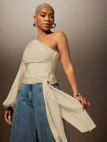 Vixey One Shoulder Lantern Sleeve Draped Side Blouse, Statement Top, Fall/Winter, Boho Chic - Beige - View 3