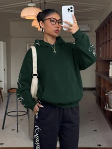 Muchica Letter Graphic Drop Shoulder Hoodie - Dark Green - View 3