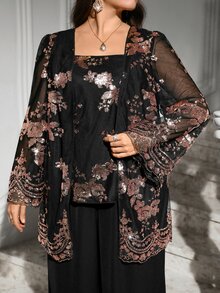 SHEIN Clasi 大尺碼亮片花卉刺繡荷葉袖外套與寬腿長褲套裝 - 彩色 - 查看 4