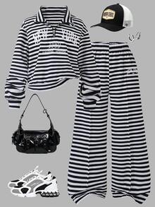 SHEIN 青少年女孩連帽衫與運動衫套裝 - 黑與白 - 查看 1