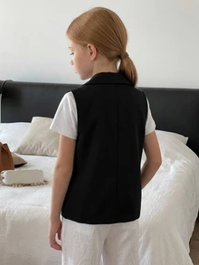 DAZY Tween Girl 1pc Solid Lapel Neck Vest Jacket Fall - Black - View 2