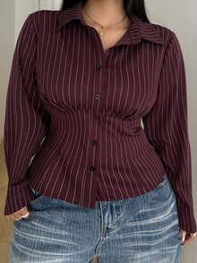 POPSWAY Plus Striped Print Button Front Shirt Fall - Burgundy - View 3