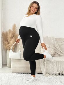 Plussiva 大尺碼孕婦刺繡騎士圖案可調腰緊身褲 - 黑色 - 查看 5