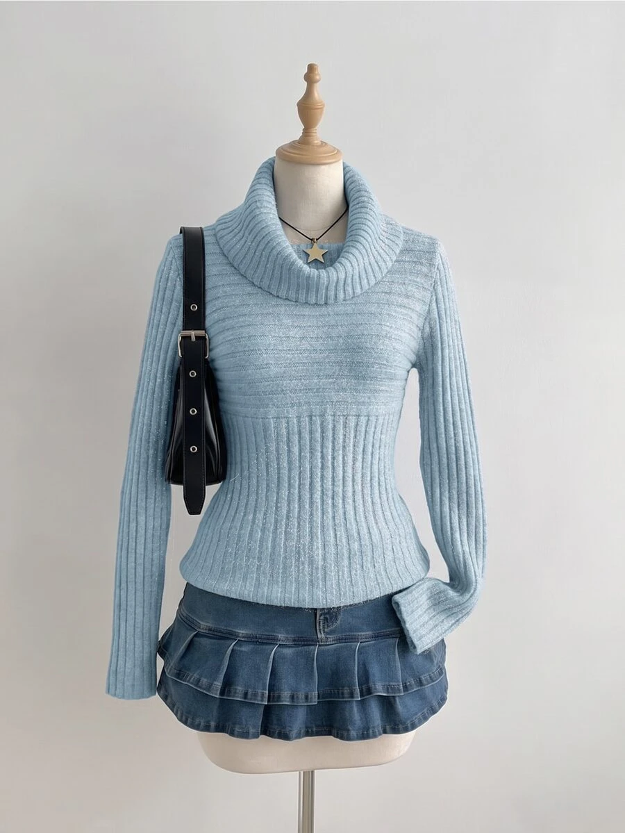 SHEIN Unity Solid Turtleneck Ribbed Knit Sweater - Blue - View 1