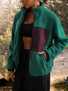 Exploreva Chaqueta de forro polar con cremallera y bloques de color - Verde - Ver 8