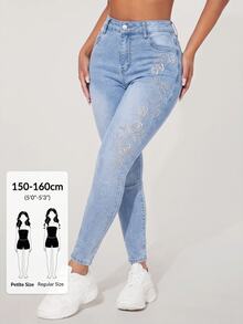 SHEIN PETITE Jeans pitillo de cintura alta con patrón de mariposa de strass - Azul - Ver 9
