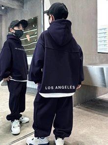 SHEIN Tween Boys Autumn Hoodie & Kids Sweatshirt Co-Ords - Navy Blue - View 1