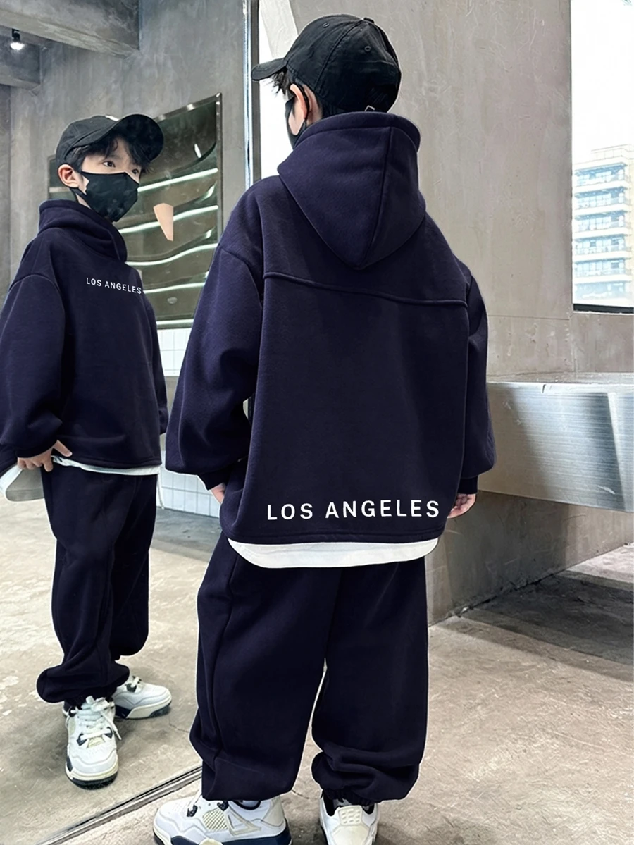 SHEIN Tween Boys Autumn Hoodie & Kids Sweatshirt Co-Ords - Navy Blue - View 1