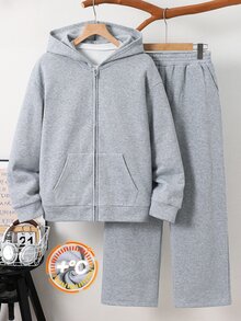 Kids 2pcs Teen Boy Casual Sporty Basic Gray Hooded Zip-Up Sweatshirt And Sweatpants Suitable For Autumn And Winter Back-To-School Season. - Light Grey - View 4