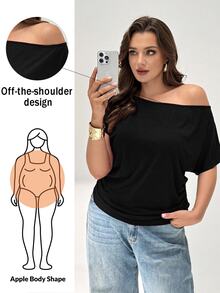 Shapeblank Plus Solid Batwing Sleeve Tee - Black - View 6