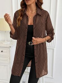 SHEIN Clasi Polka Dot Print Roll Tab Sleeve Shirt - Coffee Brown - View 4