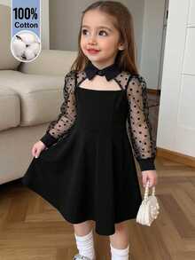 SHEIN Young Girl Contrast Dobby Kids Mesh Cut Out Front Dress - Black - View 5