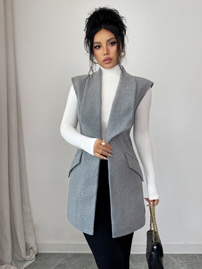 Elenzga Waterfall Collar Open Front Vest Overcoat
