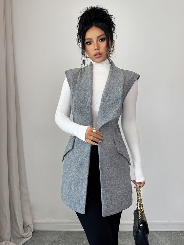 Elenzga Waterfall Collar Open Front Vest Overcoat
