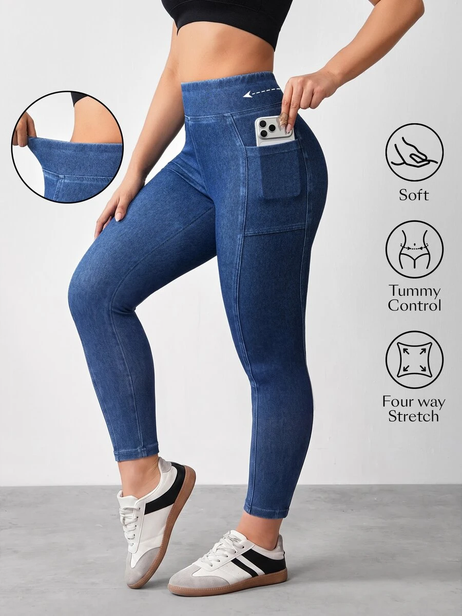 Flexra Plus High Waist Phone Pocket Side Skinny Jeans - Blue - View 1