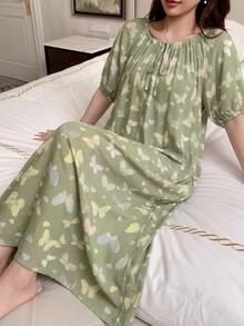 DAZY 滿版蝴蝶印花前綁帶泡泡袖睡裙 - 綠色 - 查看 6